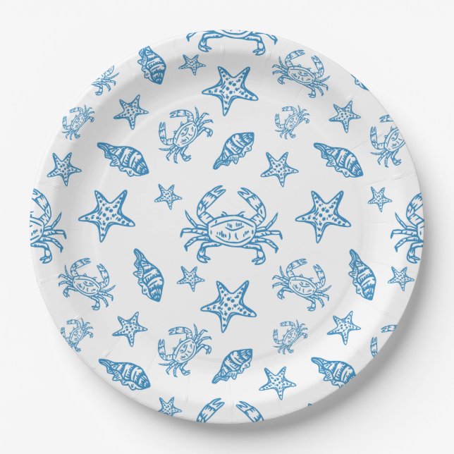 Nautical Sea Creatures Doodle Pattern Paper Plate (Front)