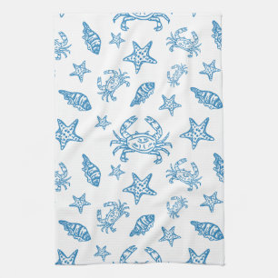 Nautical Sea Creatures Doodle Pattern Tea Towel