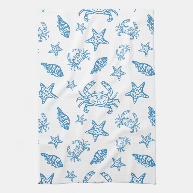 Nautical Sea Creatures Doodle Pattern Tea Towel (Vertical)
