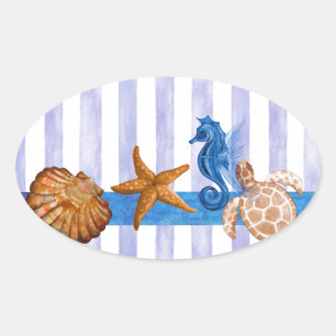 Nautical Sea Creatures Oval Sticker