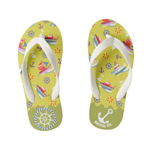 Nautical Sea Lemon Green Kid's Flip Flops