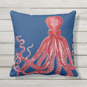 Nautical Sea Life Red Octopus Modern Vintage 3 Outdoor Cushion