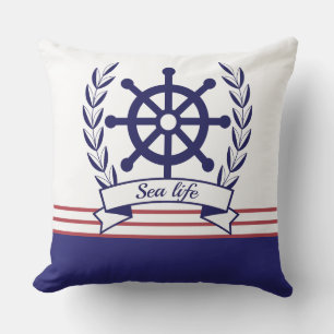 Nautical sea life & Ship wheel Blue and White  Cushion