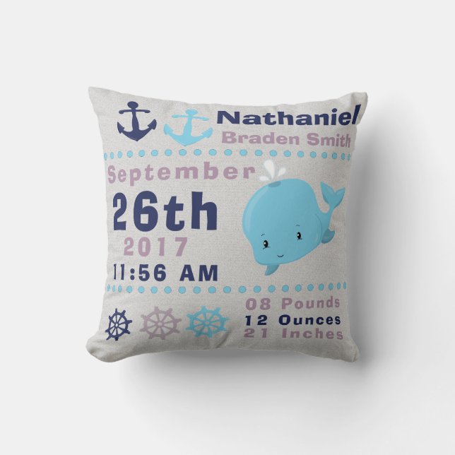 Nautical Sea Ocean Whale Sailing Birth Stats Cushion (Front)