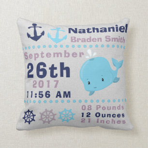 Nautical Sea Ocean Whale Sailing Birth Stats Cushion