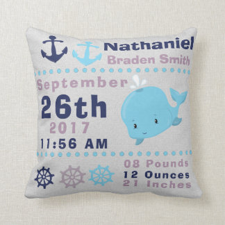 Nautical Sea Ocean Whale Sailing Birth Stats Cushion