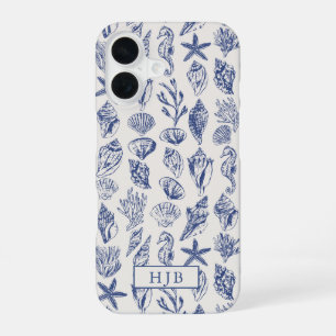 Nautical Sea Shells Blue Sketch Monogram iPhone 16 Case