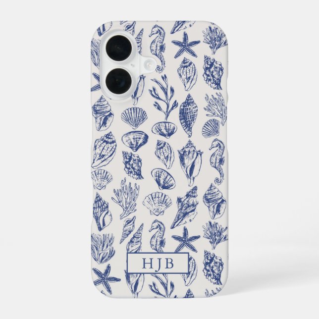 Nautical Sea Shells Blue Sketch Monogram iPhone 16 Case (Back)