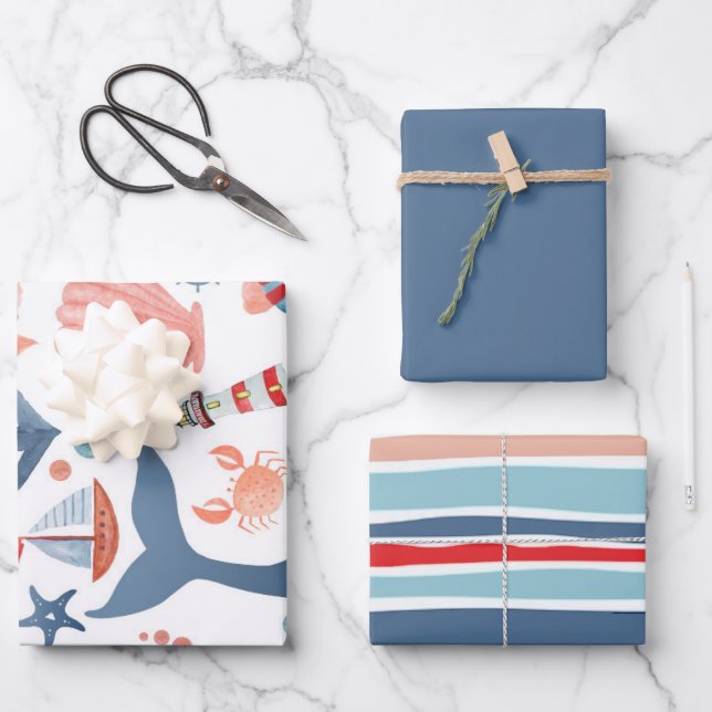 Nautical Sea Stripes Anchor Seashells Starfish Wrapping Paper Sheet (Front)