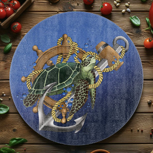 Nautical Sea Turtle Anchor Ship Wheel Blue Cutting Board