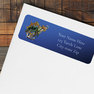 Nautical Sea Turtle Anchor Ship Wheel Blue Return Address Label