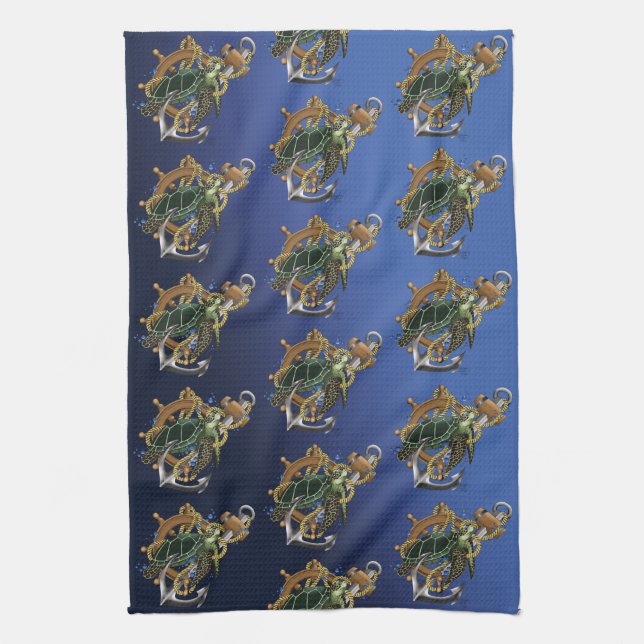 Nautical Sea Turtle Anchor Ship Wheel Blue Tea Towel (Vertical)