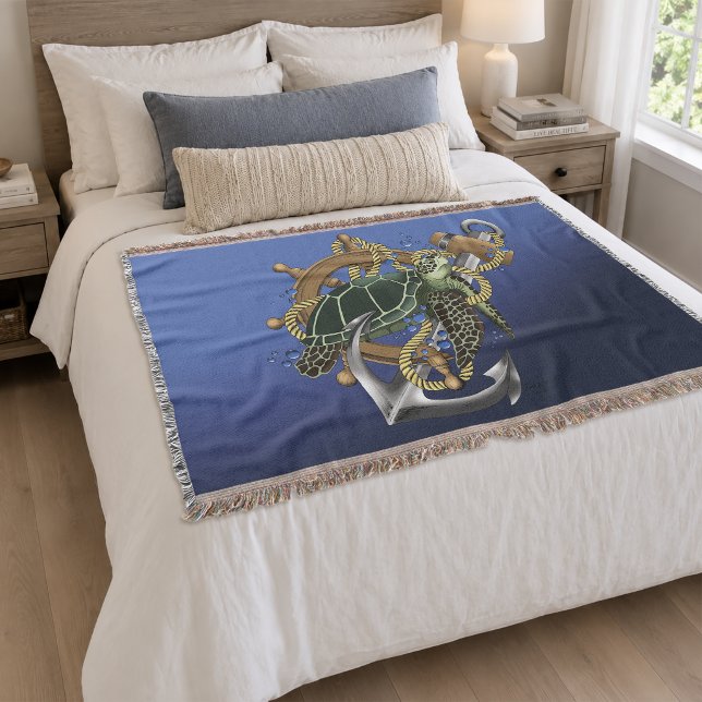 Nautical Sea Turtle Anchor Ship Wheel Blue Throw Blanket (Creator Uploaded)