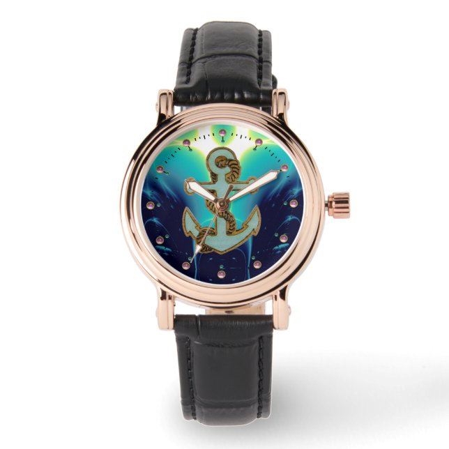 NAUTICAL / SEA WAVES ,ANCHOR AND ROPE Navy Blue Watch (Front)