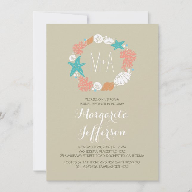 nautical sea wreath beach bridal shower invites (Front)