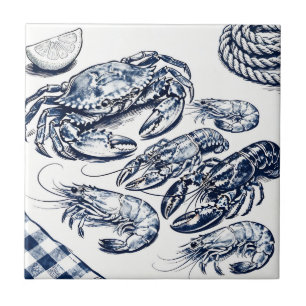 Nautical Seafood Lobster Crab Sketch Ceramic Tile