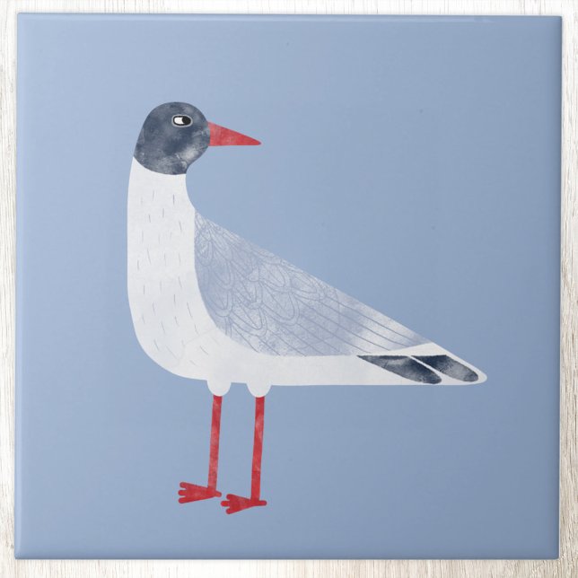 Nautical Seagull Bird Sky Blue Ceramic Tile (Fun Black Headed Gull seagull ceramic tile)