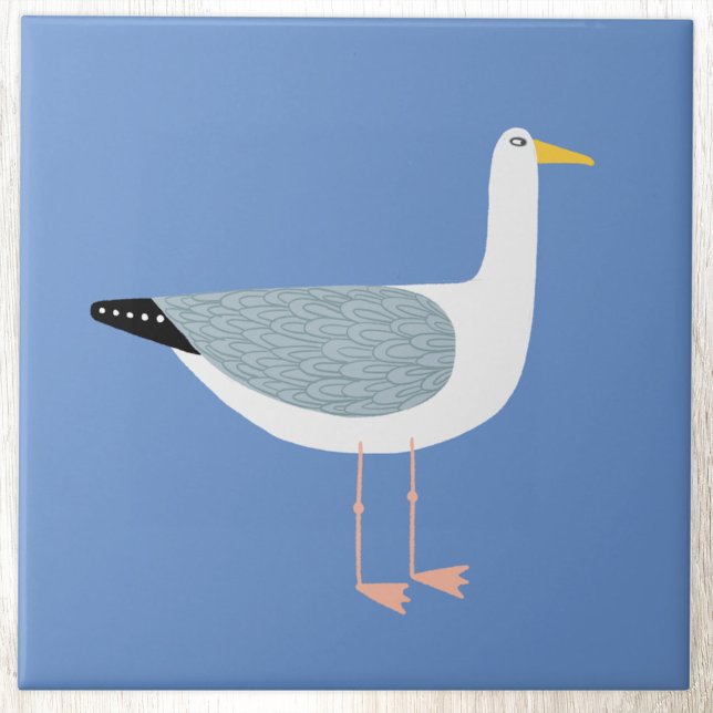 Nautical Seagull Bird Sky Blue Ceramic Tile (Fun nautical seagull blue ceramic tile)