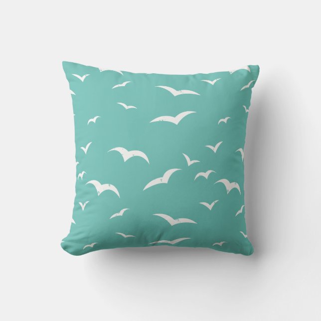 Nautical Seagulls Weathered Teal Blue and White Cushion (Front)