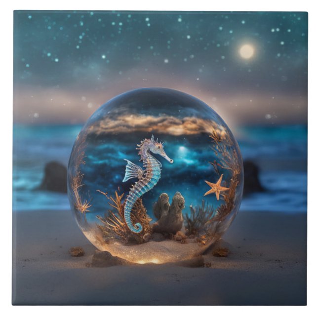 Nautical Seahorse and Starfish Fantasy Beach Ceramic Tile (Front)