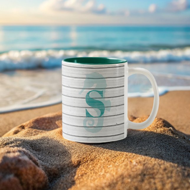 Nautical Seahorse Beach House Coastal Coffee Mug (Add your initial and name to this cute seahorse beach house coffee mug)