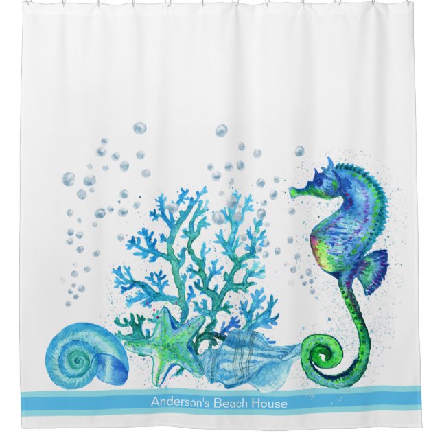 Nautical Seahorse Custom Cute Teal Aqua Marine  Shower Curtain (Front)