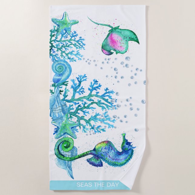 Nautical Seahorse Custom Teal Aqua Blue Marine Bea Beach Towel (Front)