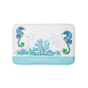 Nautical Seahorse Custom Teal Aqua & White  Bath Mat