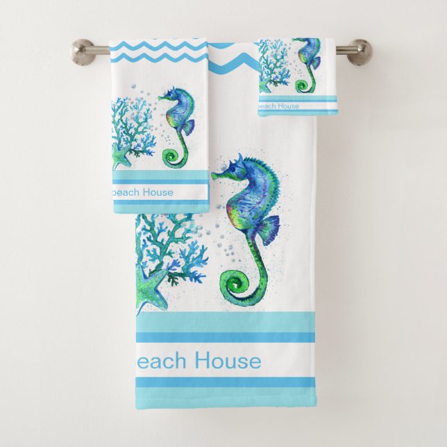 Nautical Seahorse Custom Teal Aqua & White Bath To Towel Set (Insitu)