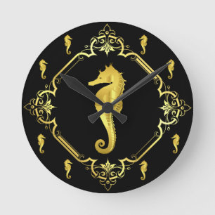 Nautical seahorse gold/black silhouette/black round clock