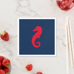 Nautical seahorse navy blue and red paper napkin