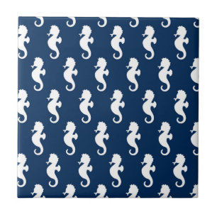 Nautical Seahorse Navy Blue White Ocean Sea Animal Ceramic Tile