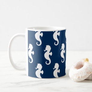 Nautical Seahorse Navy Blue White Ocean Sea Animal Coffee Mug