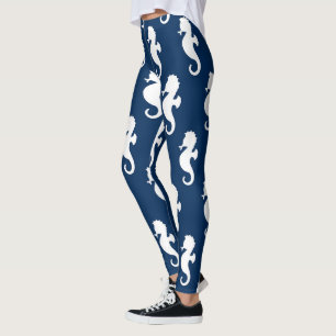 Nautical Seahorse Navy Blue White Ocean Sea Animal Leggings