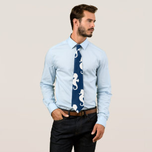 Nautical Seahorse Navy Blue White Ocean Sea Animal Tie