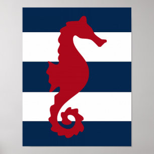 Nautical seahorse print red, navy and white