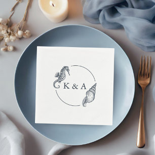 Nautical Seahorse & Sea Shell Wedding Monogram Napkin