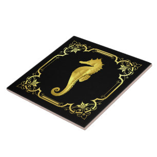 Nautical seahorse silhouette/gold/black ceramic tile