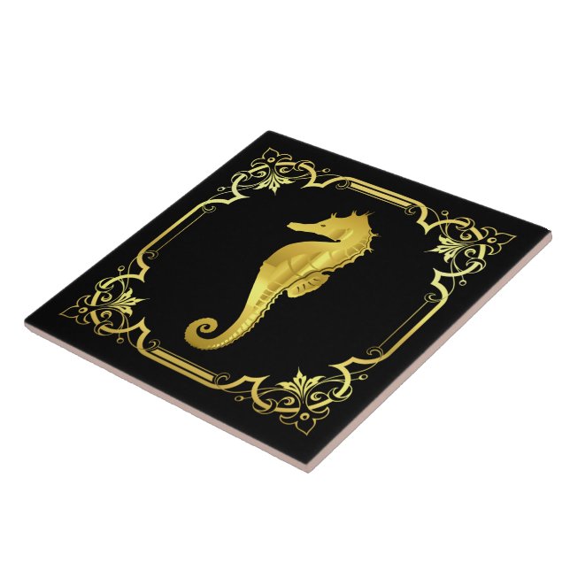 Nautical seahorse silhouette/gold/black ceramic tile (Side)