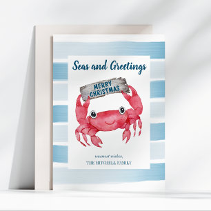Nautical Seas and Greetings Cute Crab Christmas Holiday Card