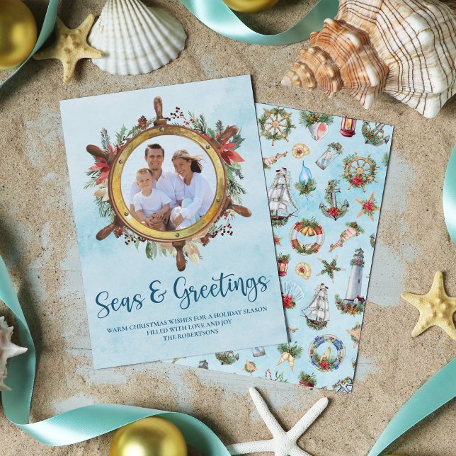 Nautical Seas and Greetings Photo Coastal Holiday Card (Creator Uploaded)