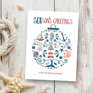 Nautical Seas & Greetings Beach Christmas Ornament Holiday Card