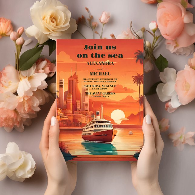 Nautical Seascape Beach Cruise Palm Wedding Invitation (Creator Uploaded)