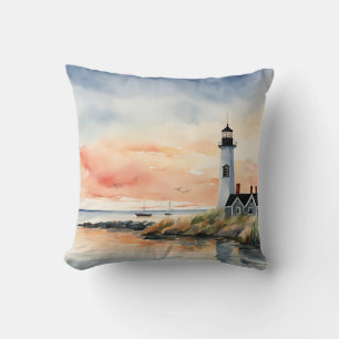Nautical Seascape Coast Boats Lighthouse Cushion