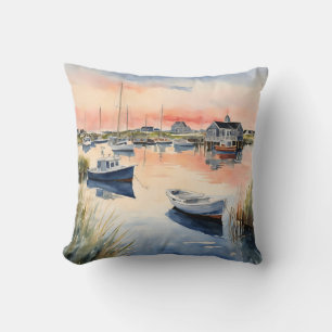 Nautical Seascape Coastal Boats Sunrise Cushion