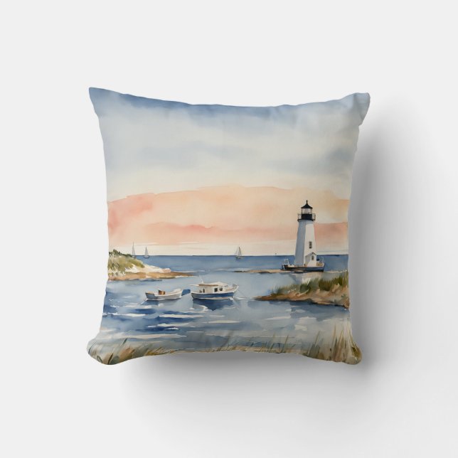 Nautical Seascape Coastal Boats Sunrise Lighthouse Cushion (Front)