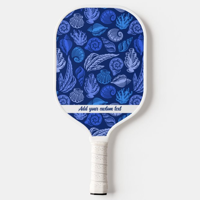 Nautical Seashell Beach Pattern Custom Text Name Pickleball Paddle (Back)