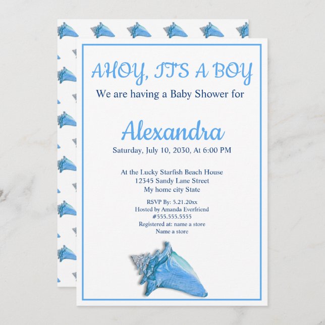 Nautical Seashell Blue Boy Baby Shower invitation (Front/Back)