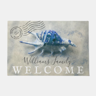 Nautical Seashell Blue Monogrammed Name Welcome Doormat