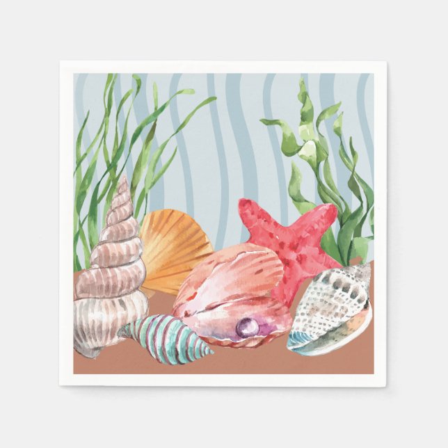 Nautical Seashell Blue Watercolor Beach Wedding Napkin (Front)